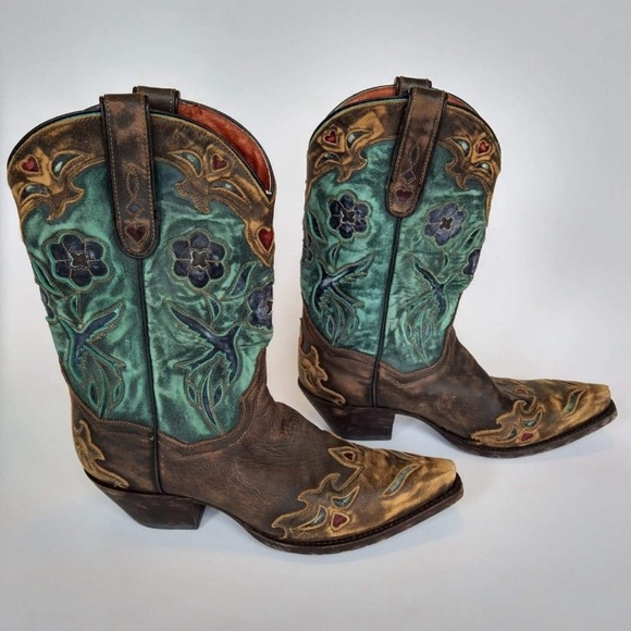 Dan Post Vintage Blue Bird Women's
DP3544 Chocolate Teal Snip Toe Boots - Picture 4 of 13